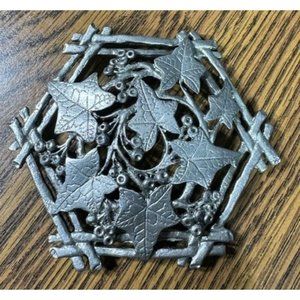 Silver Tone Metzke 1988 Metal Ivy and Branch Candle Jar Cover signed